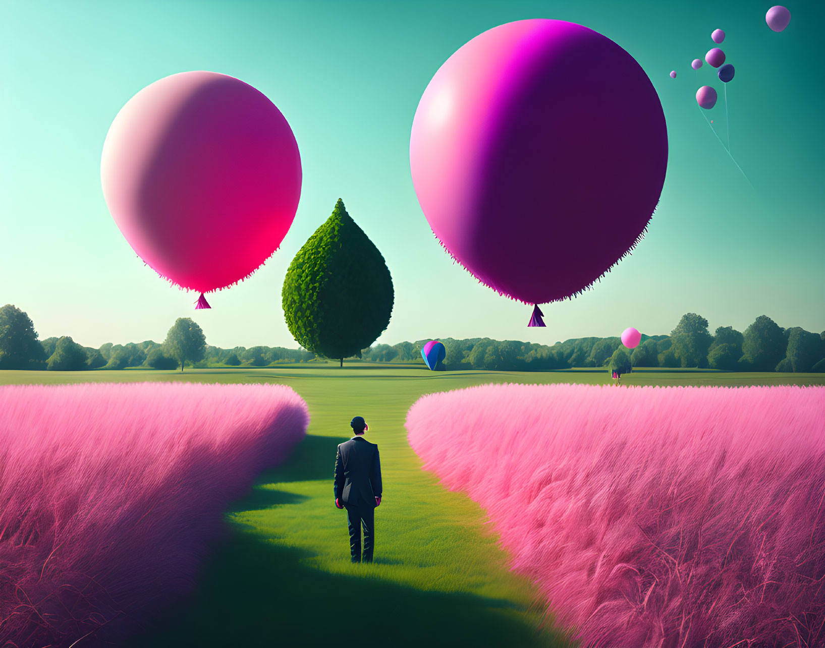 Man in suit gazes at pink fields with floating balloons