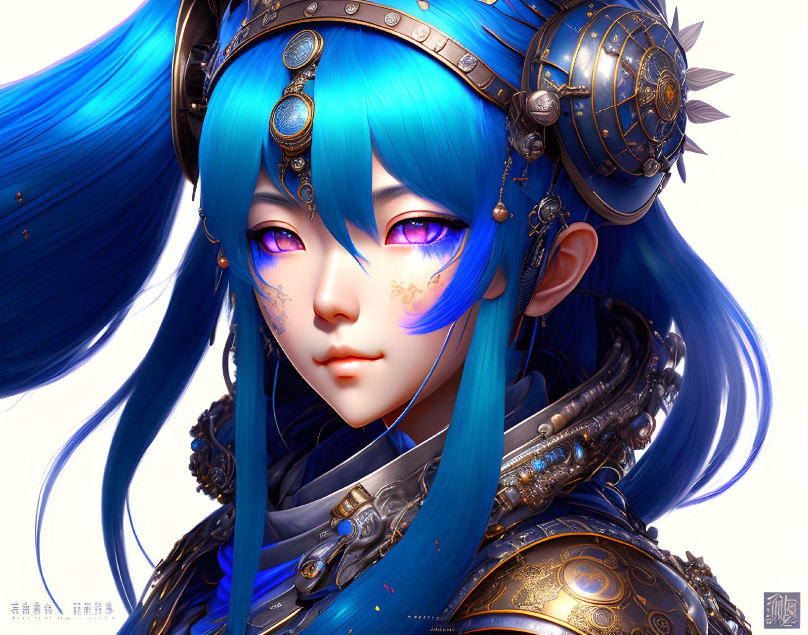 Vibrant Blue Hair, Violet Eyes, and Ornate Armor in Digital Art