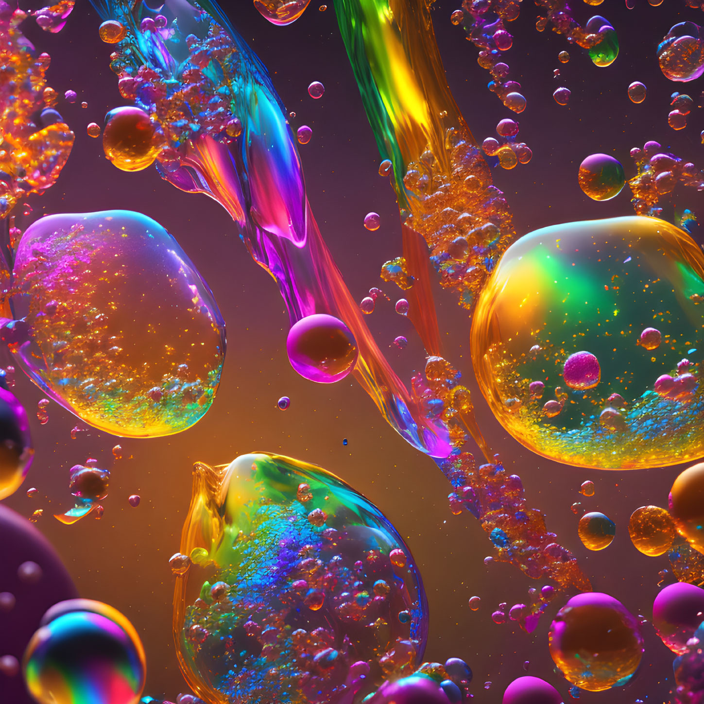 Colorful iridescent bubbles on dark background: a vibrant, magical world.