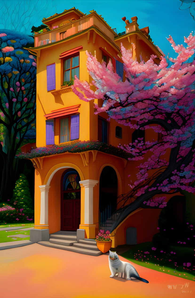 Three-story orange building with arches, red tile roof, lush greenery, pink cherry blossoms