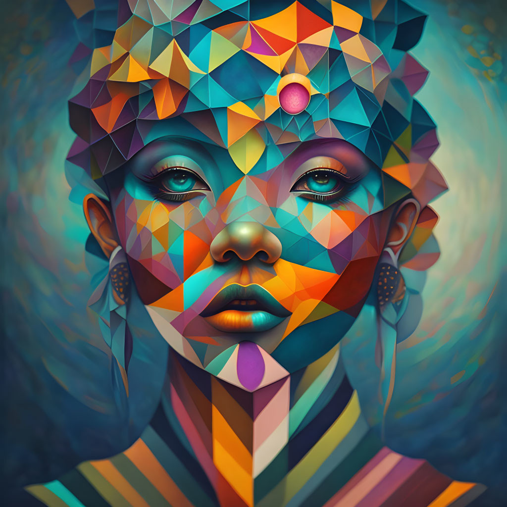 Vibrant geometric patterns on woman's face with captivating eyes