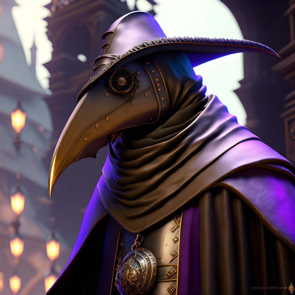 Plague Doctor Figure in Beaked Mask and Purple Robe in Gothic Setting