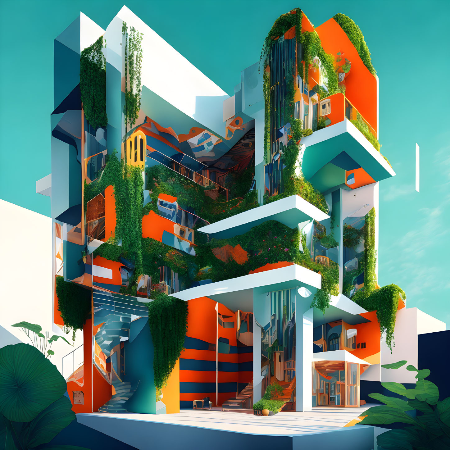 Modern building with vertical garden, orange-striped balconies, glass walls, lush greenery