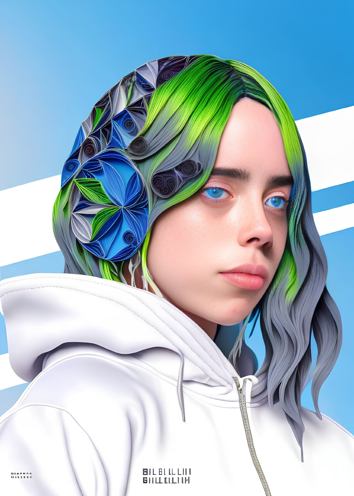 Portrait of a person with green and blue hair in white hoodie on blue and white backdrop