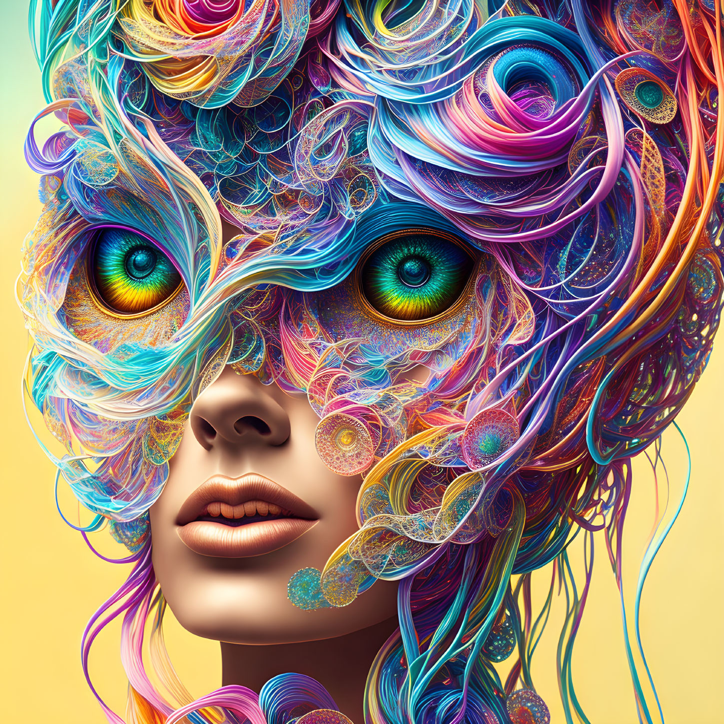 Colorful digital portrait with intense green eyes and abstract swirls.