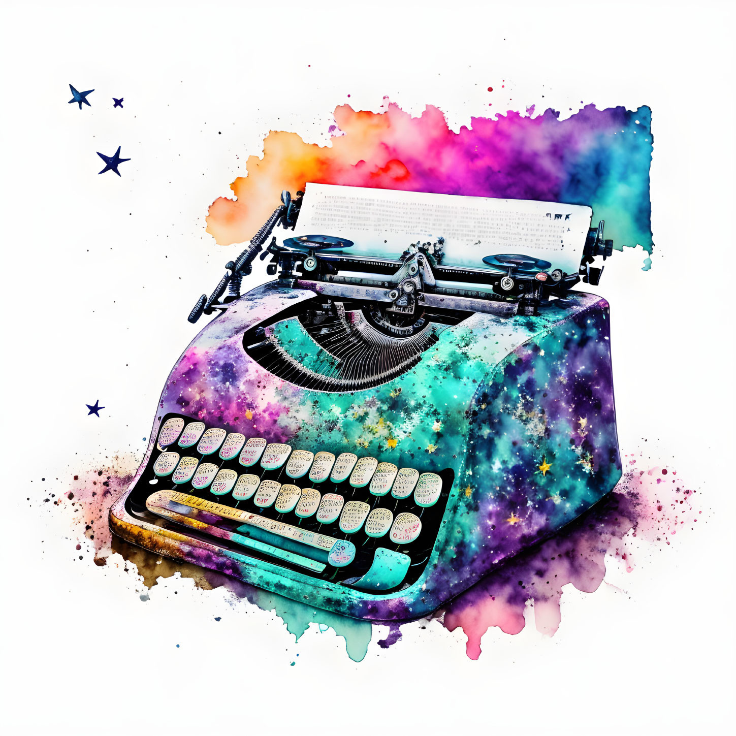 Colorful watercolor illustration of vintage typewriter with cosmic pattern and ink splashes.