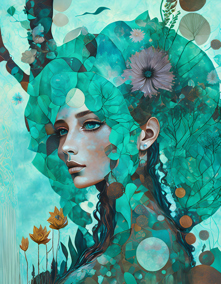 Surreal portrait of woman with turquoise skin and botanical elements