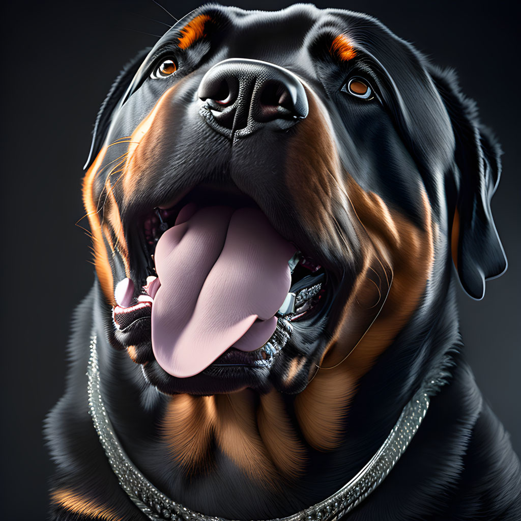 Close-up of Rottweiler with open mouth and shiny eyes, wearing silver chain collar