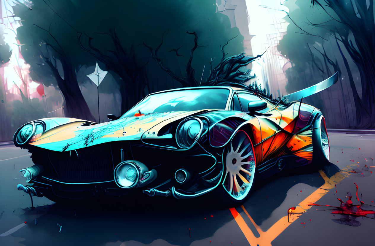 Colorful Stylized Sports Car Illustration in Forest Setting