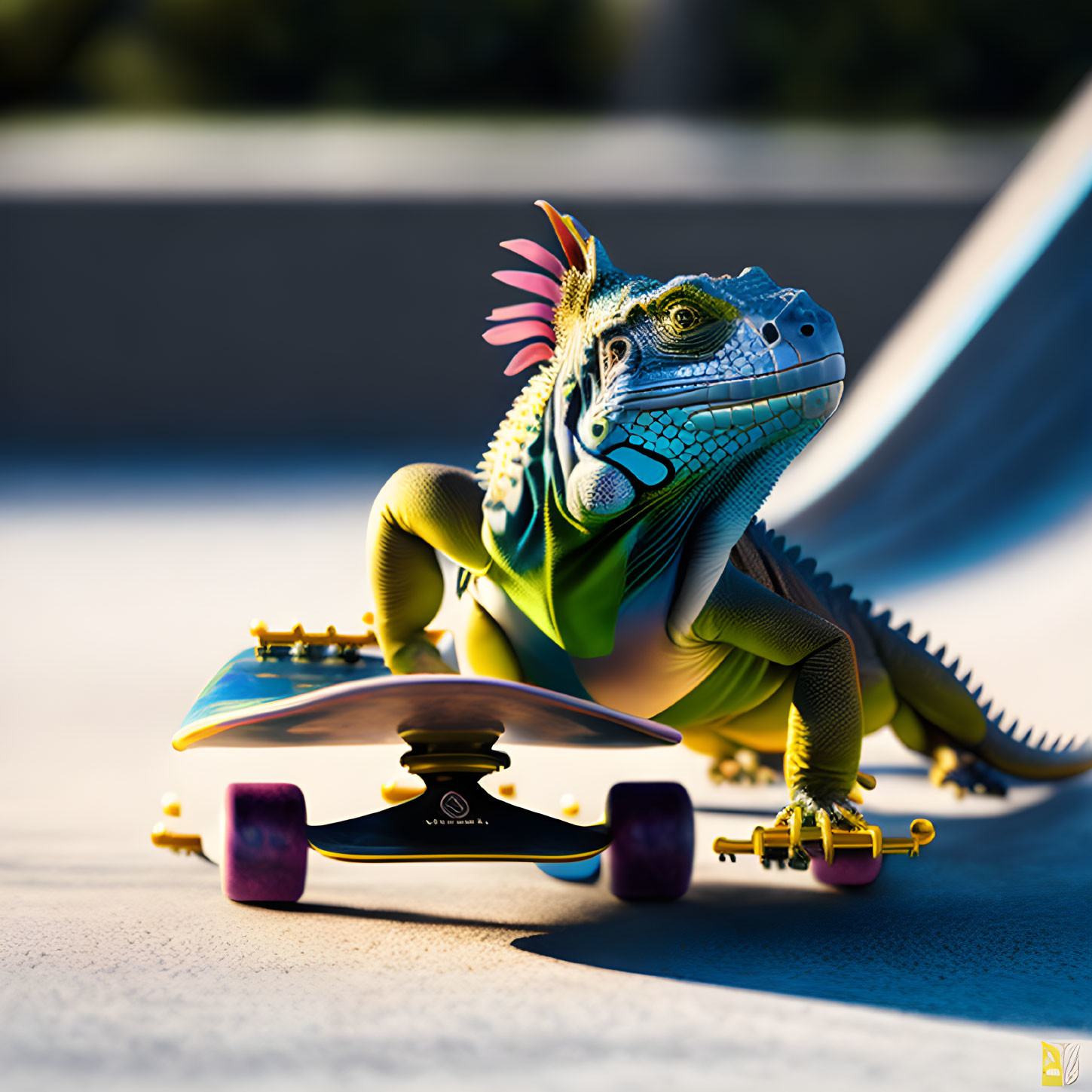 Colorful Crested Iguana Skateboarding in Sunny Outdoor Skatepark