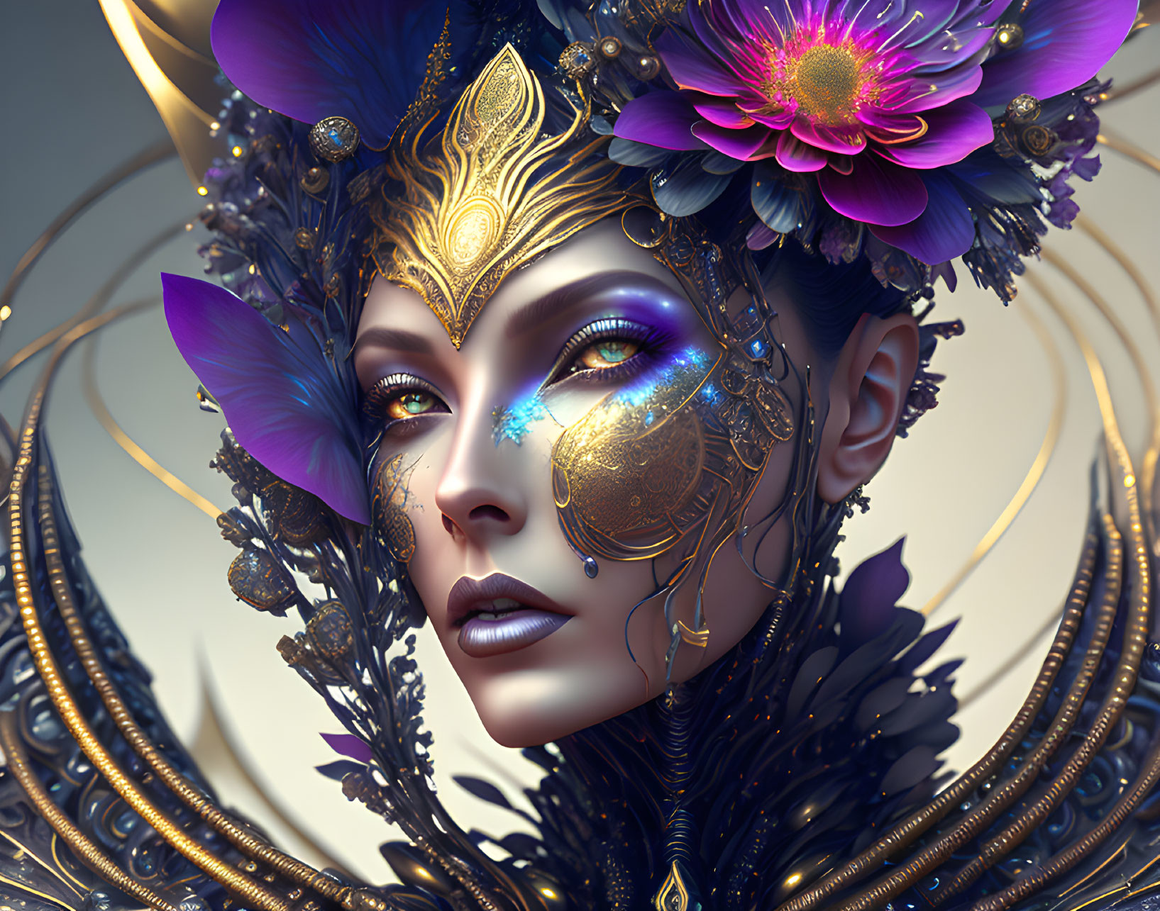 Detailed Fantasy Style Woman Artwork with Gold and Purple Headgear