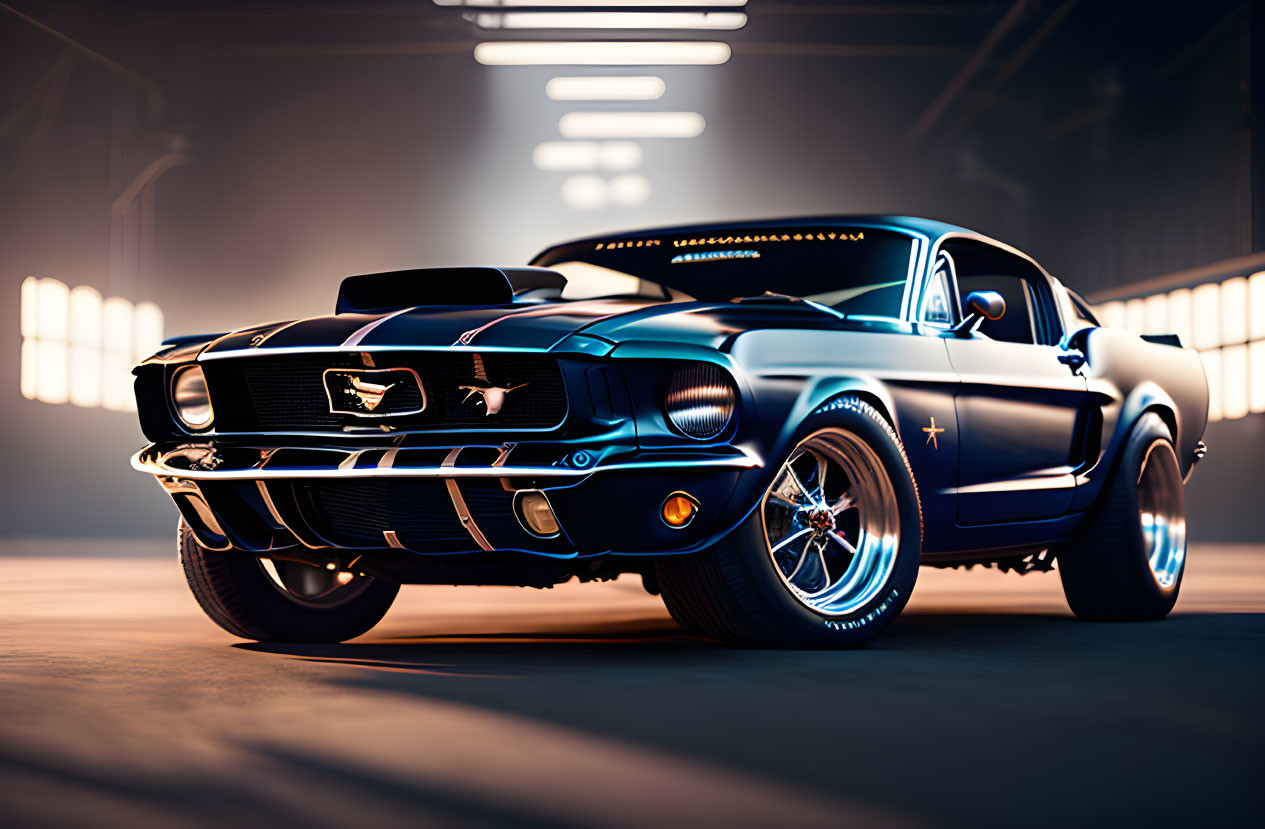 Vintage Black Mustang with Racing Stripes in Dimly Lit Garage