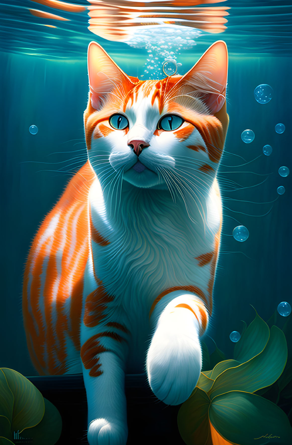 Orange and White Cat with Blue Eyes Submerged in Water with Bubbles and Light Rays