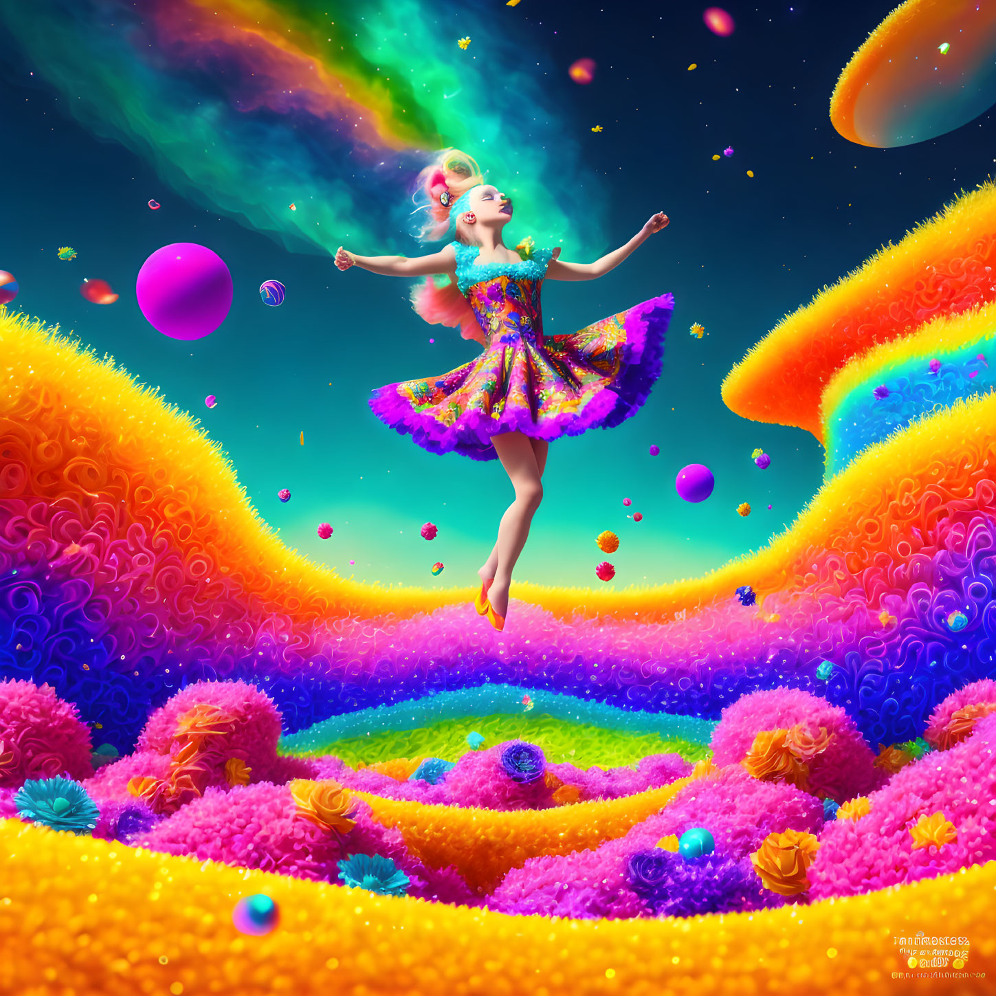 Woman dancing in vibrant, magical landscape with floating orbs and rainbow terrains