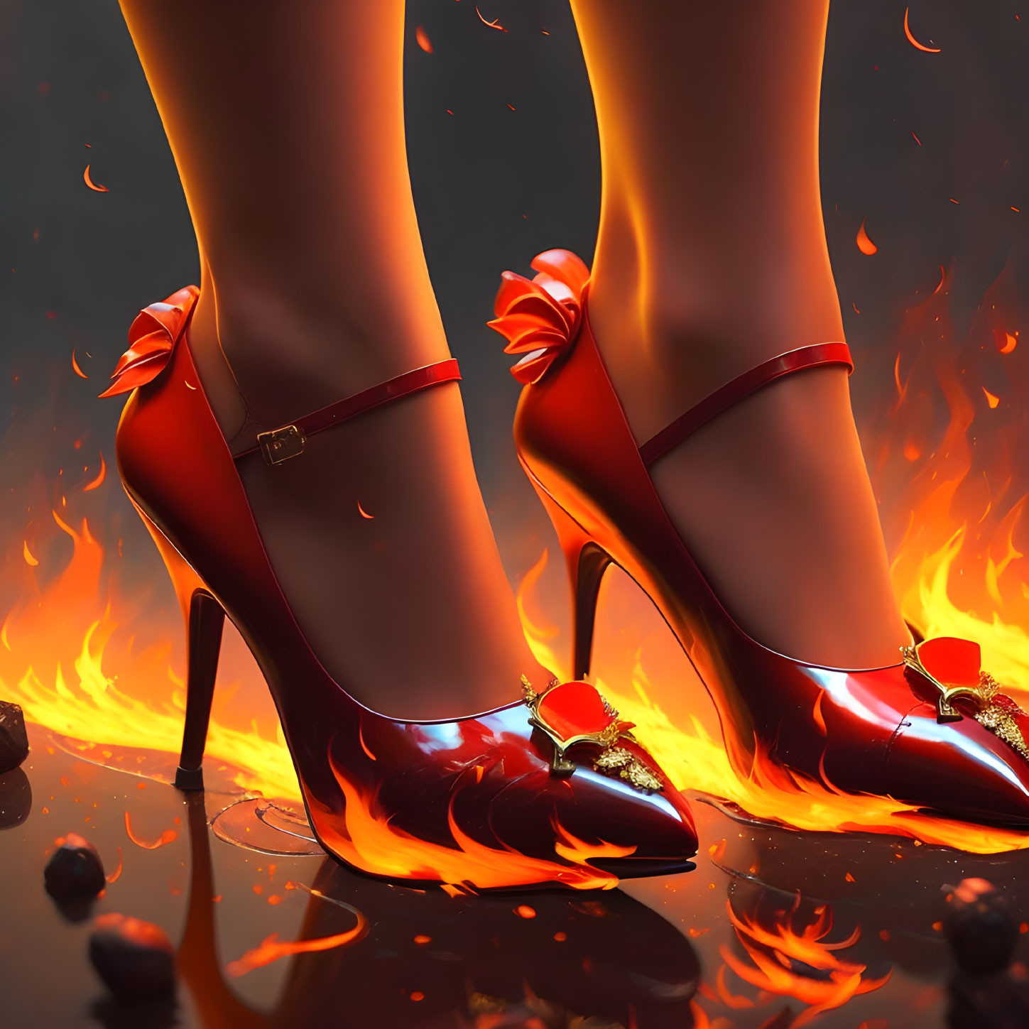 Red High-Heeled Shoes with Bow Details in Flames on Dark Background