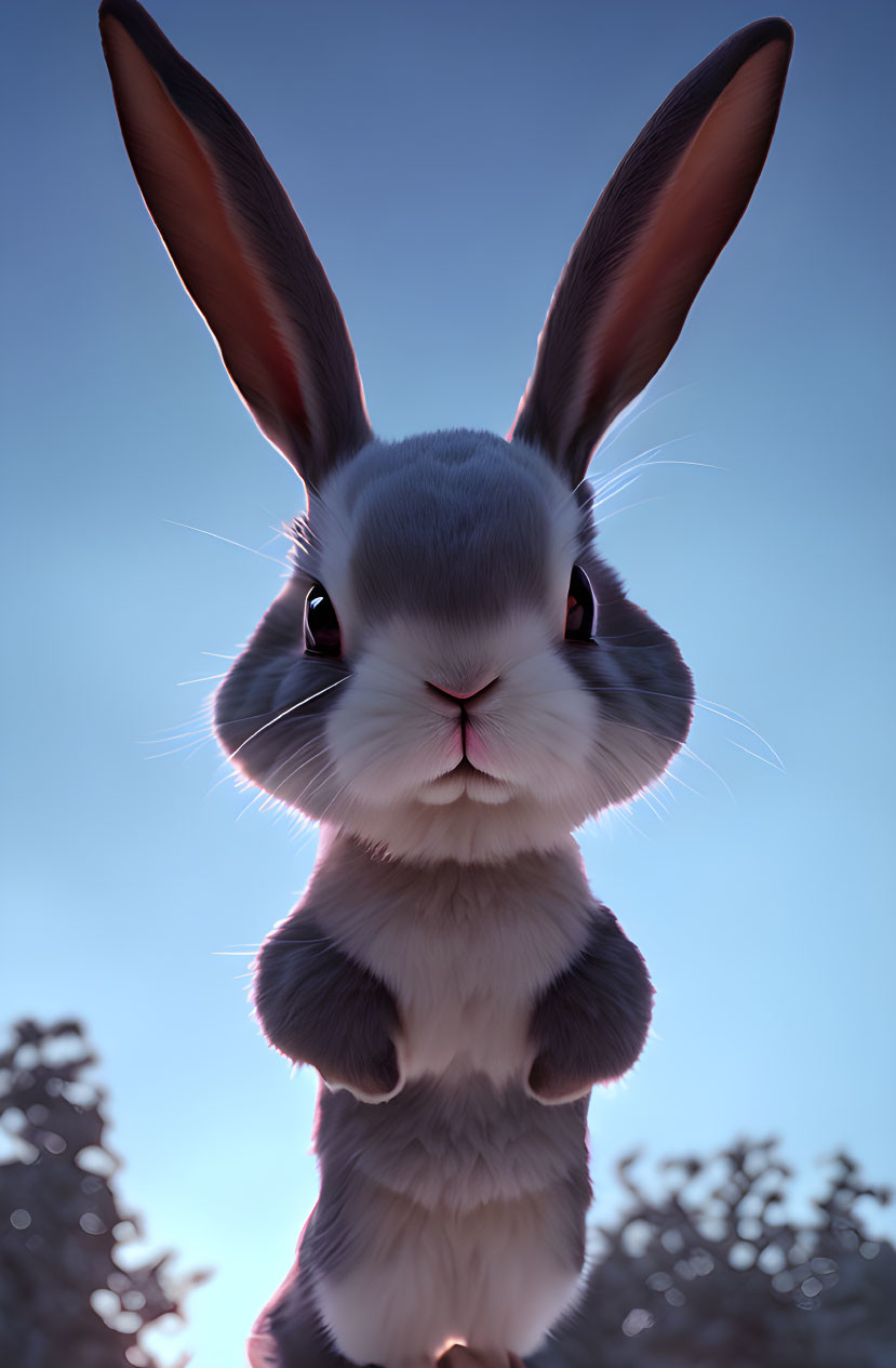 Detailed 3D-rendered rabbit with large eyes against dusk sky