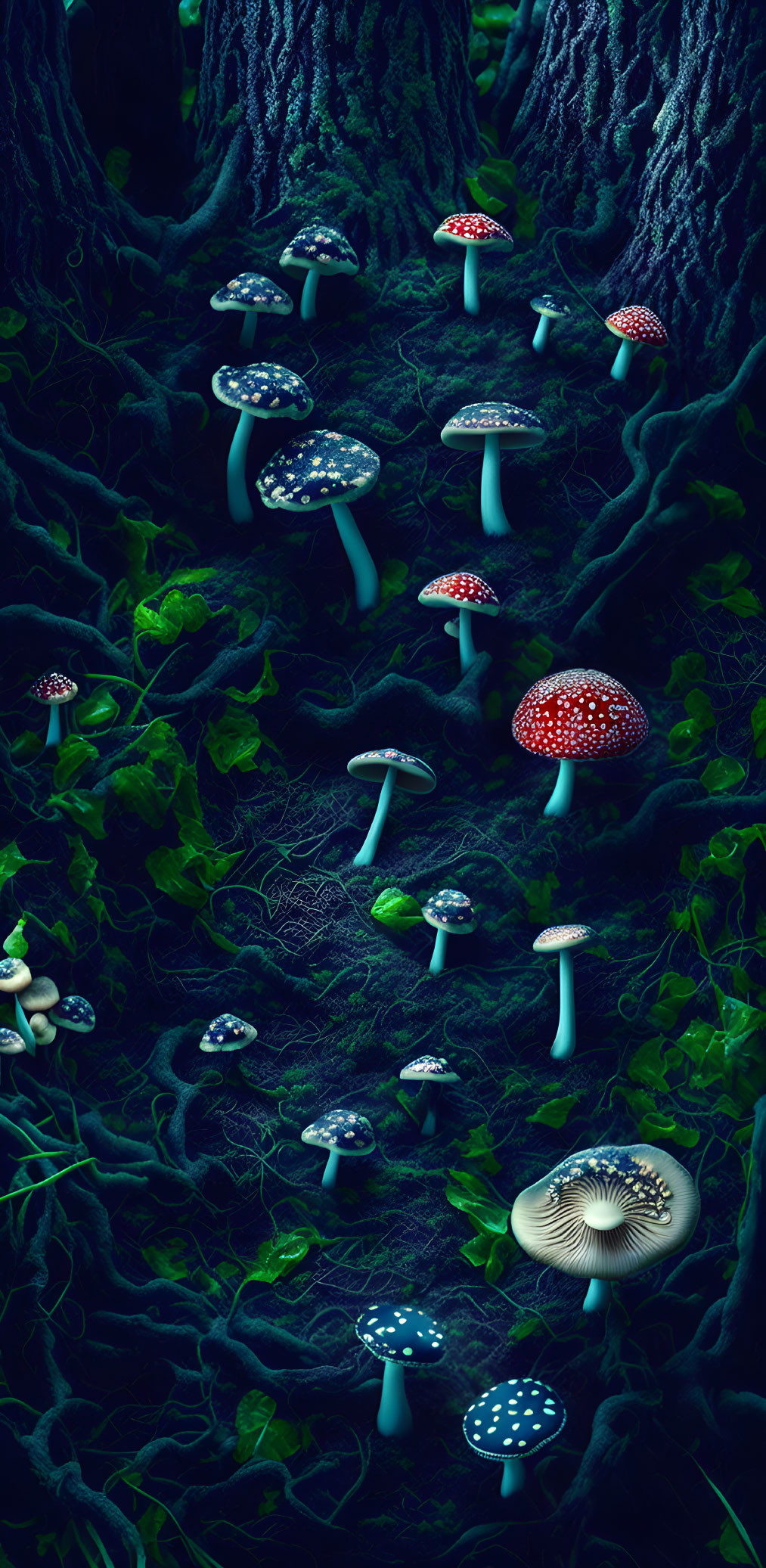 Enchanting forest scene with glowing mushrooms and moss-covered roots