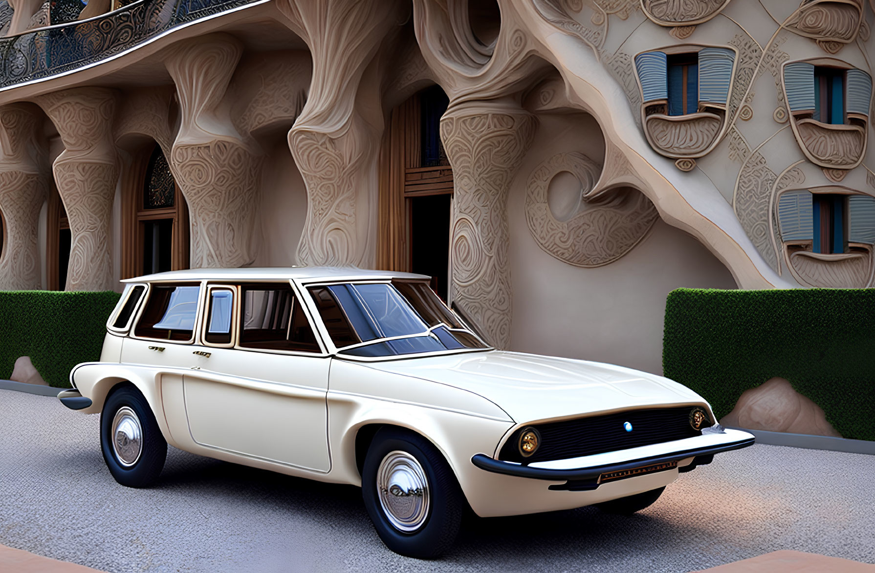 Classic White Station Wagon Parked by Ornate Building Facade