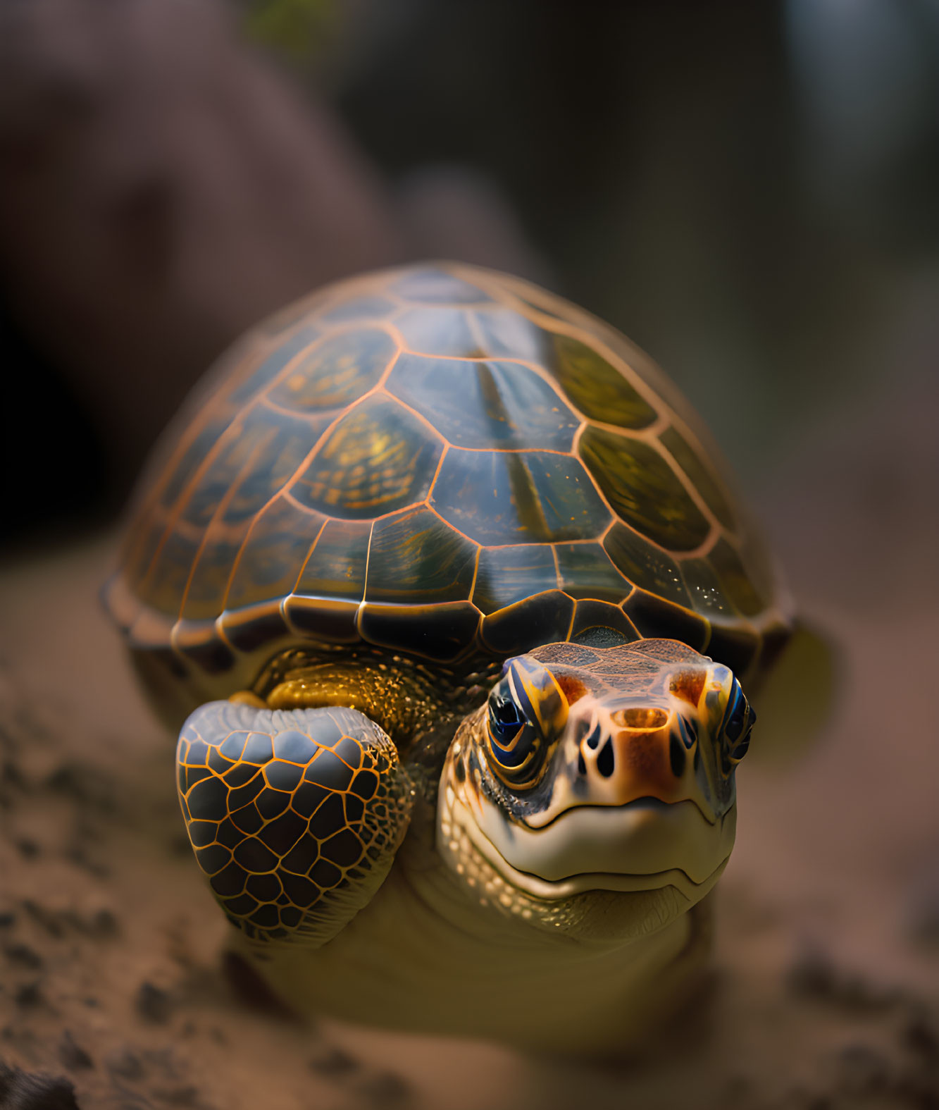 Patterned shell and detailed skin of a turtle in close-up view