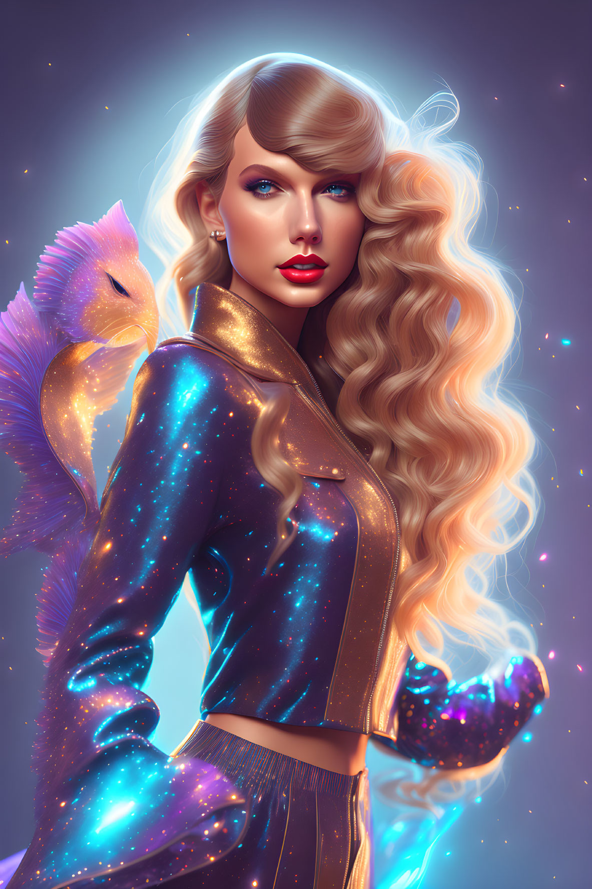 Blonde woman with cosmic fish in starry jacket on blue background