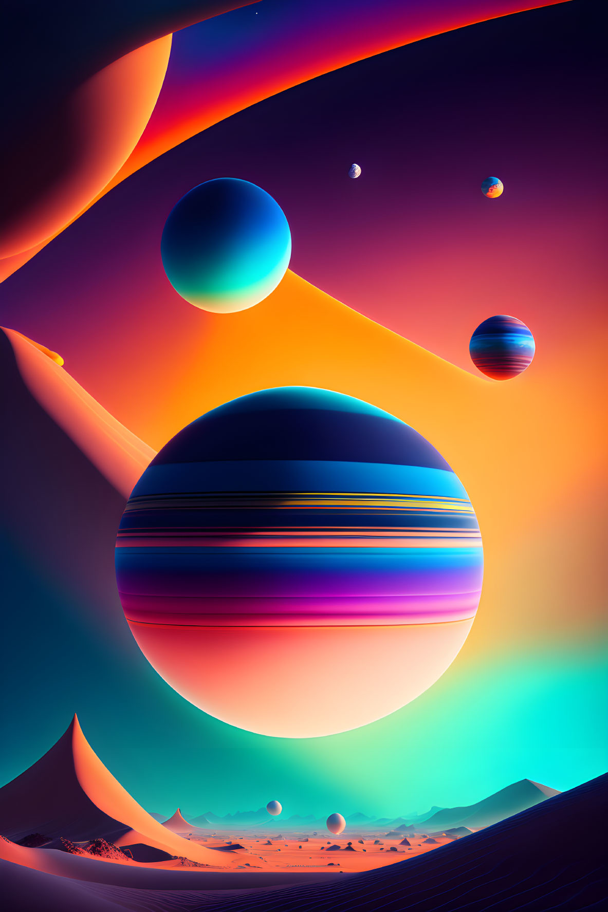 Colorful Striped Planets in Otherworldly Landscape with Swirling Shapes