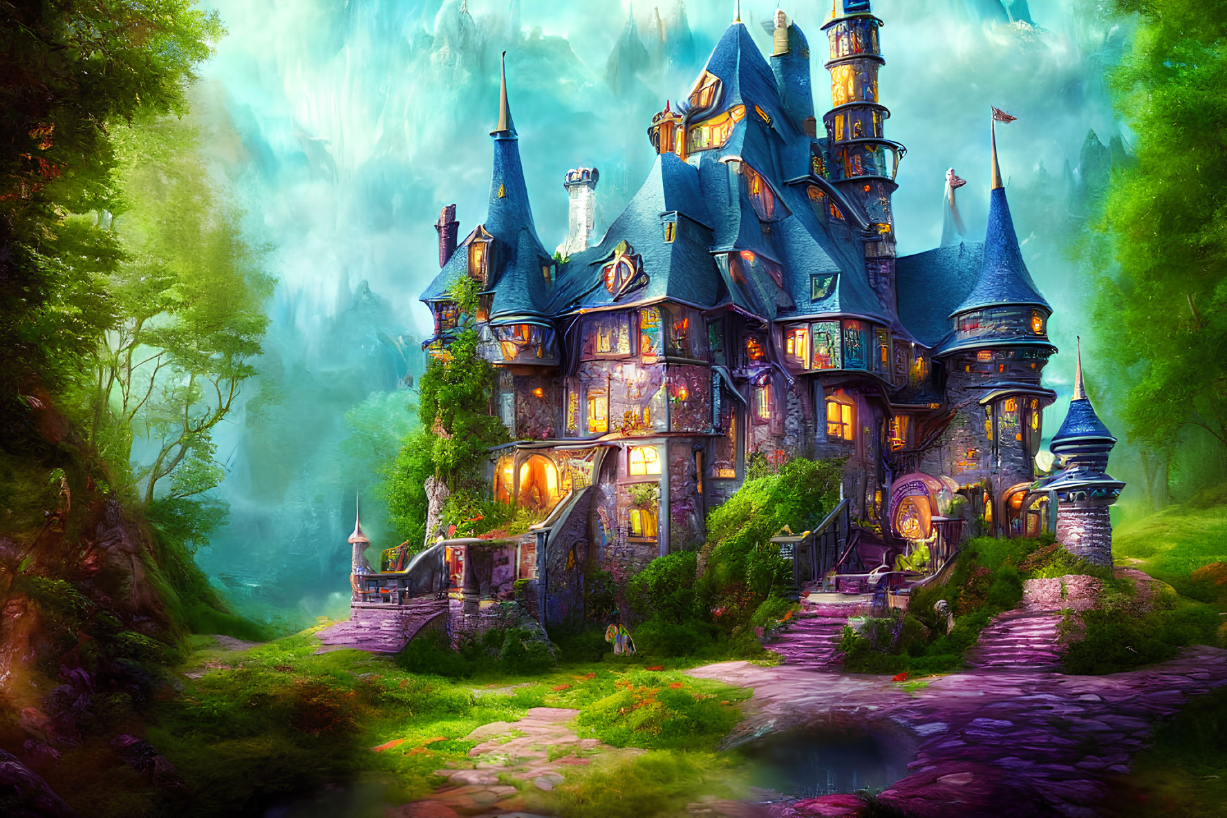 Enchanting fairytale castle in lush forest with glowing windows