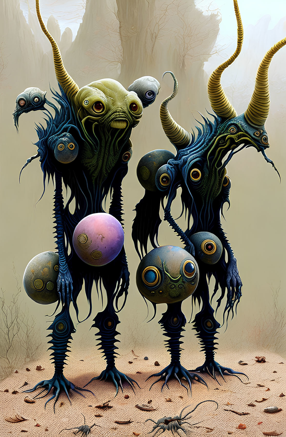 Surreal alien creatures with multiple eyes in misty landscape