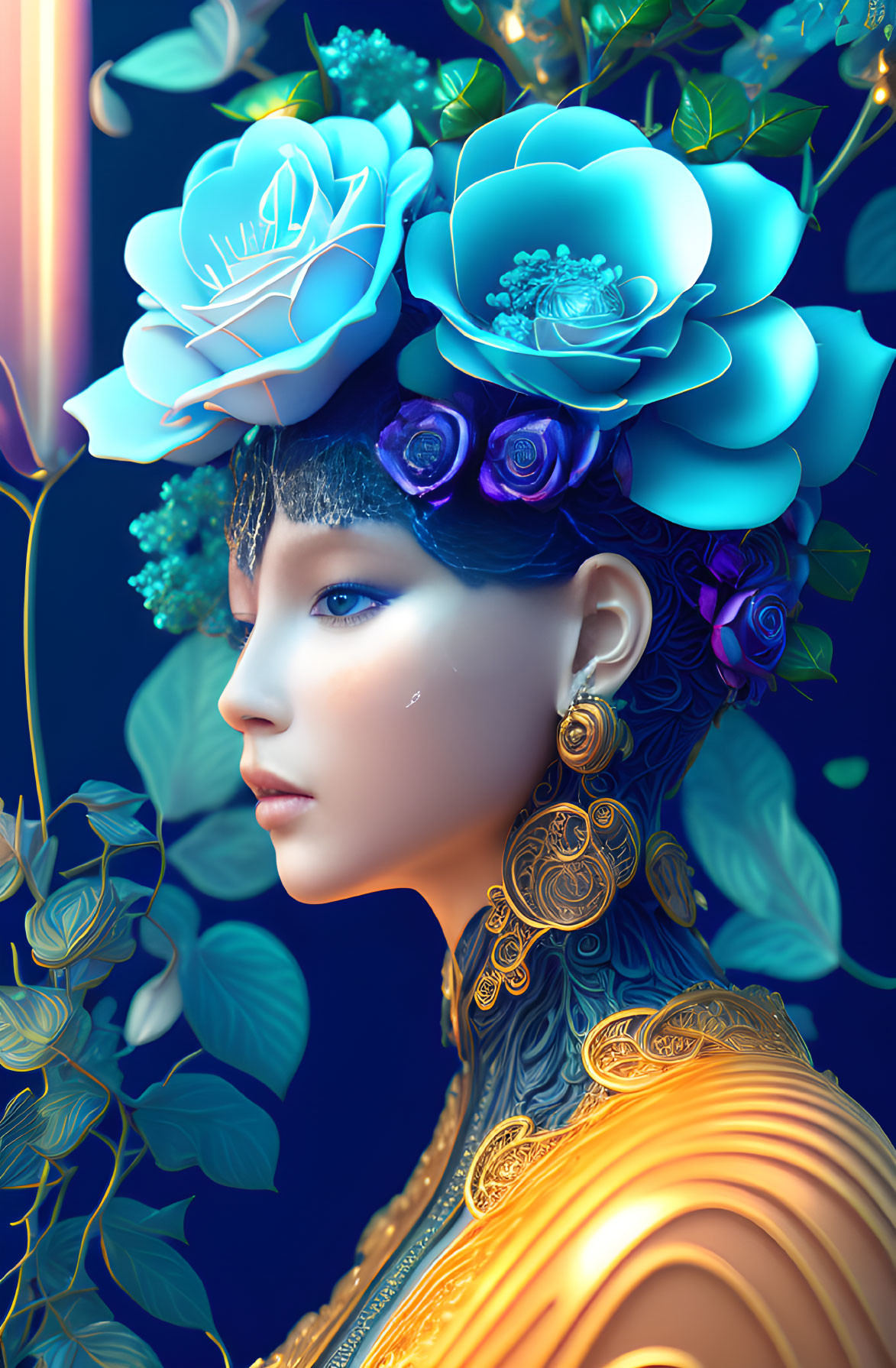 Elaborate Blue and Purple Floral Profile with Gold Jewelry