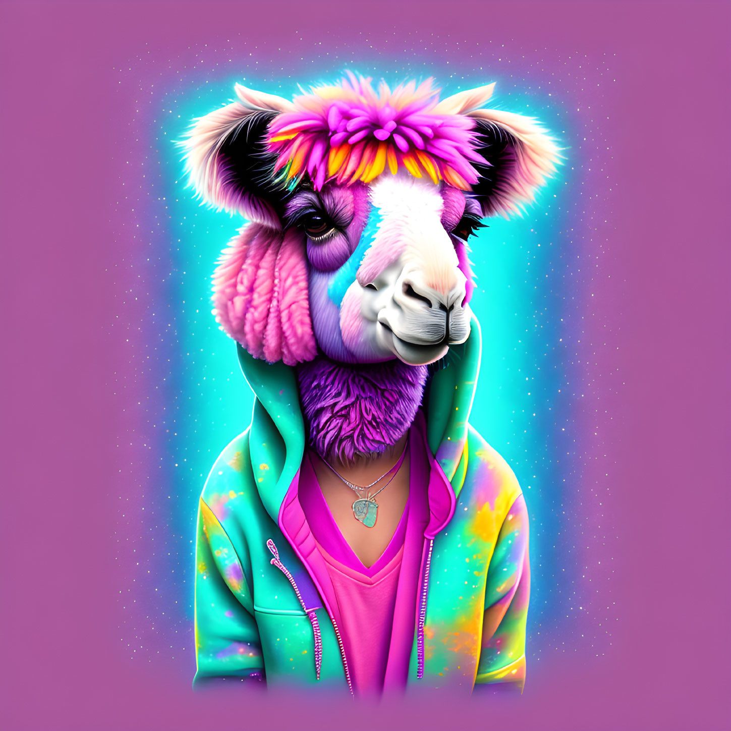 Colorful llama illustration with flower crown, neon jacket, and necklace on purple background