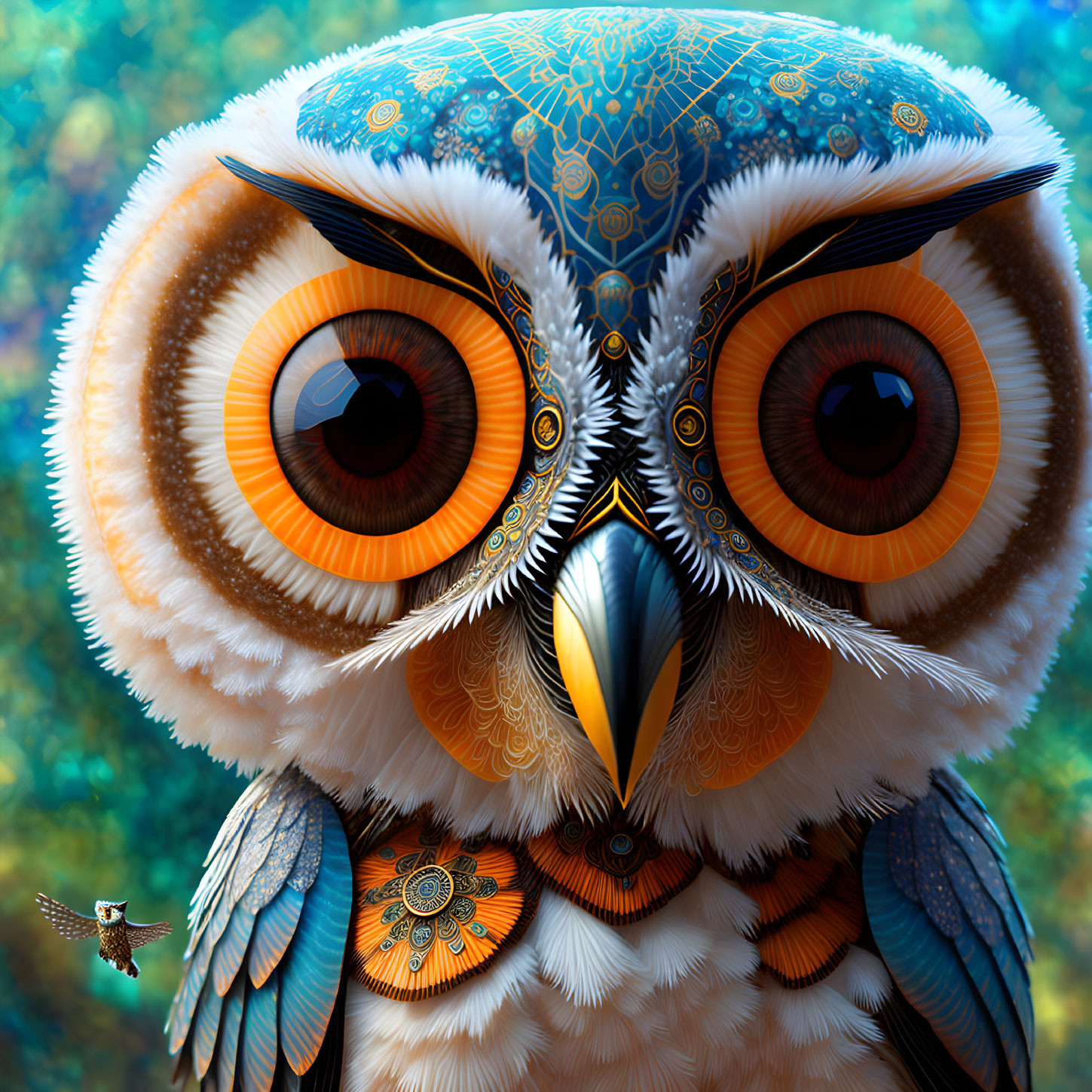 Colorful Owl Digital Illustration with Intricate Patterns and Orange Eyes