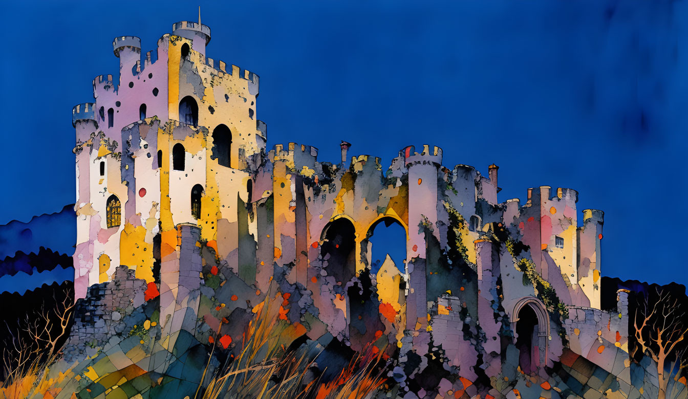 Colorful whimsical castle in nighttime setting with deep blue sky and stylized landscape