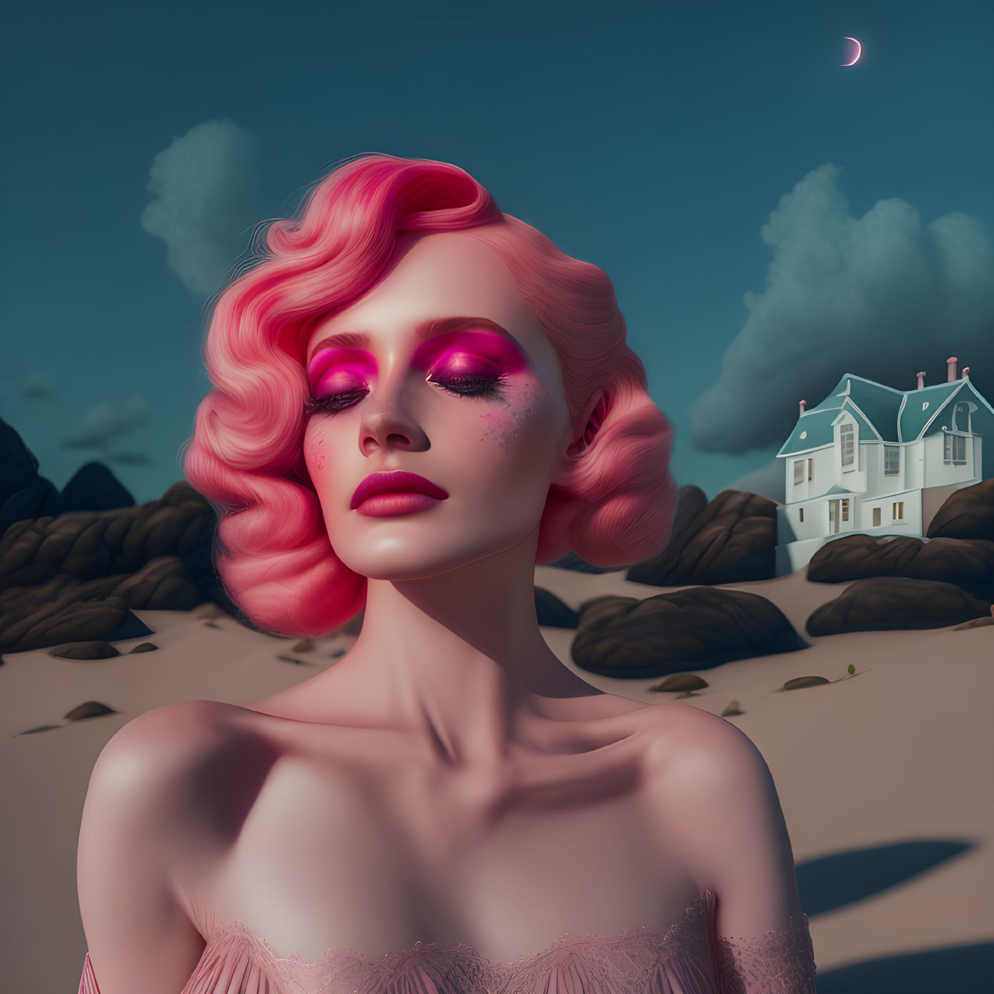 Vibrant pink hair woman portrait against surreal moonlit background