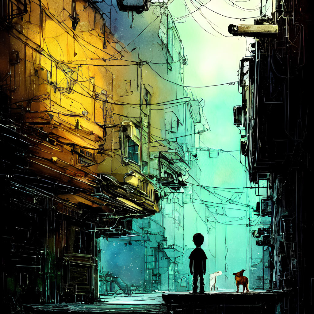 Child and dog in moody alleyway with golden and teal lighting