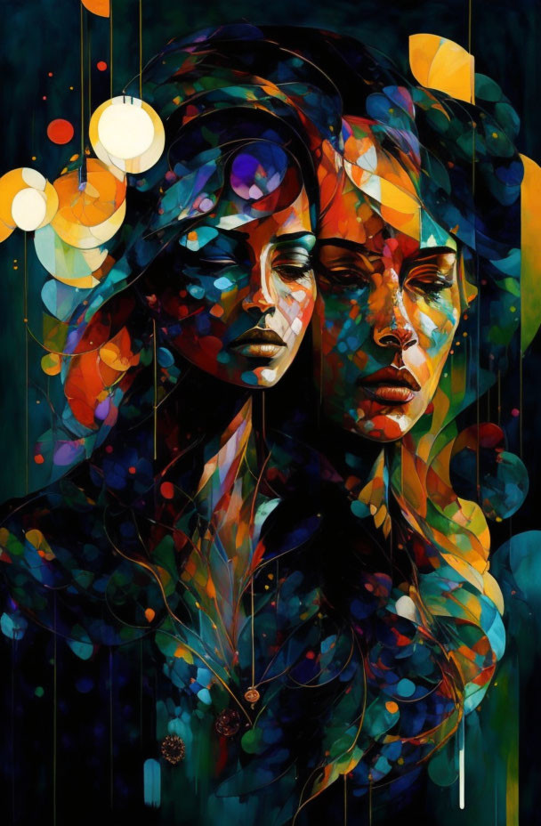 Colorful Abstract Painting: Two Female Faces with Swirling Patterns