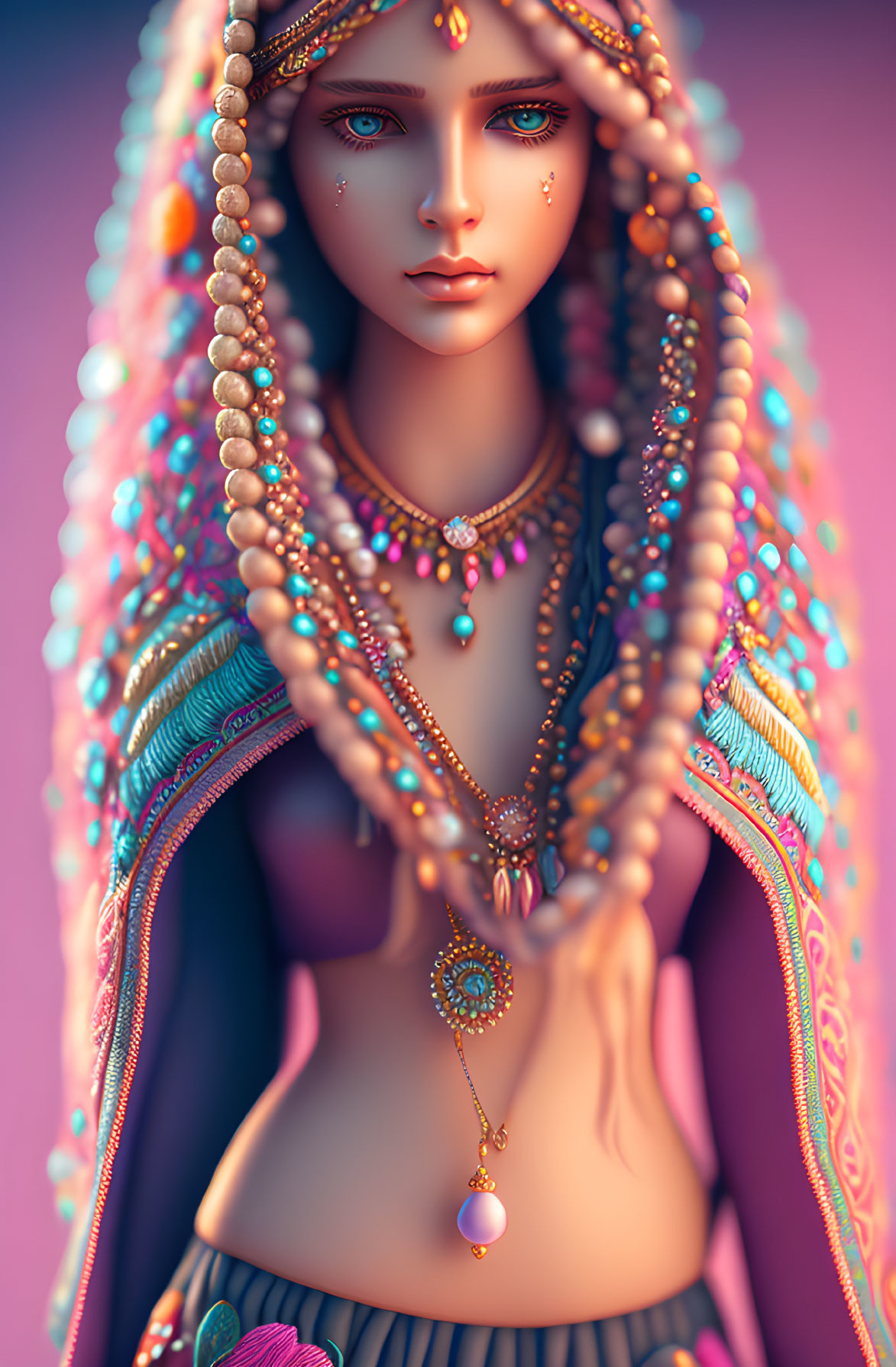 Illustrated woman with intricate beadwork and jewelry on pale blue eyes, serene expression, against soft purple