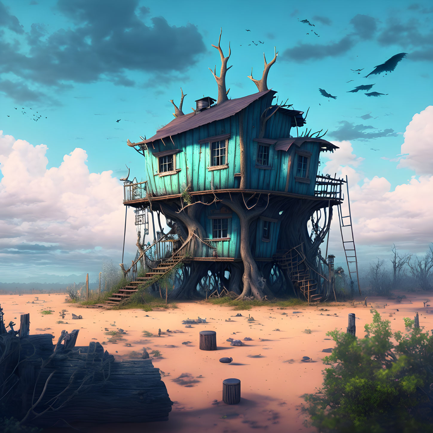 Turquoise treehouse in desolate landscape with barren branches