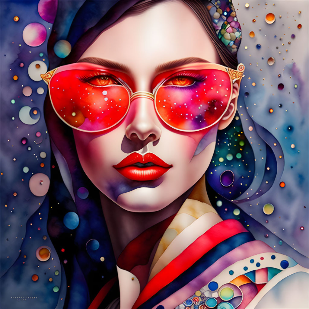 Stylized portrait of woman with red sunglasses in cosmic backdrop