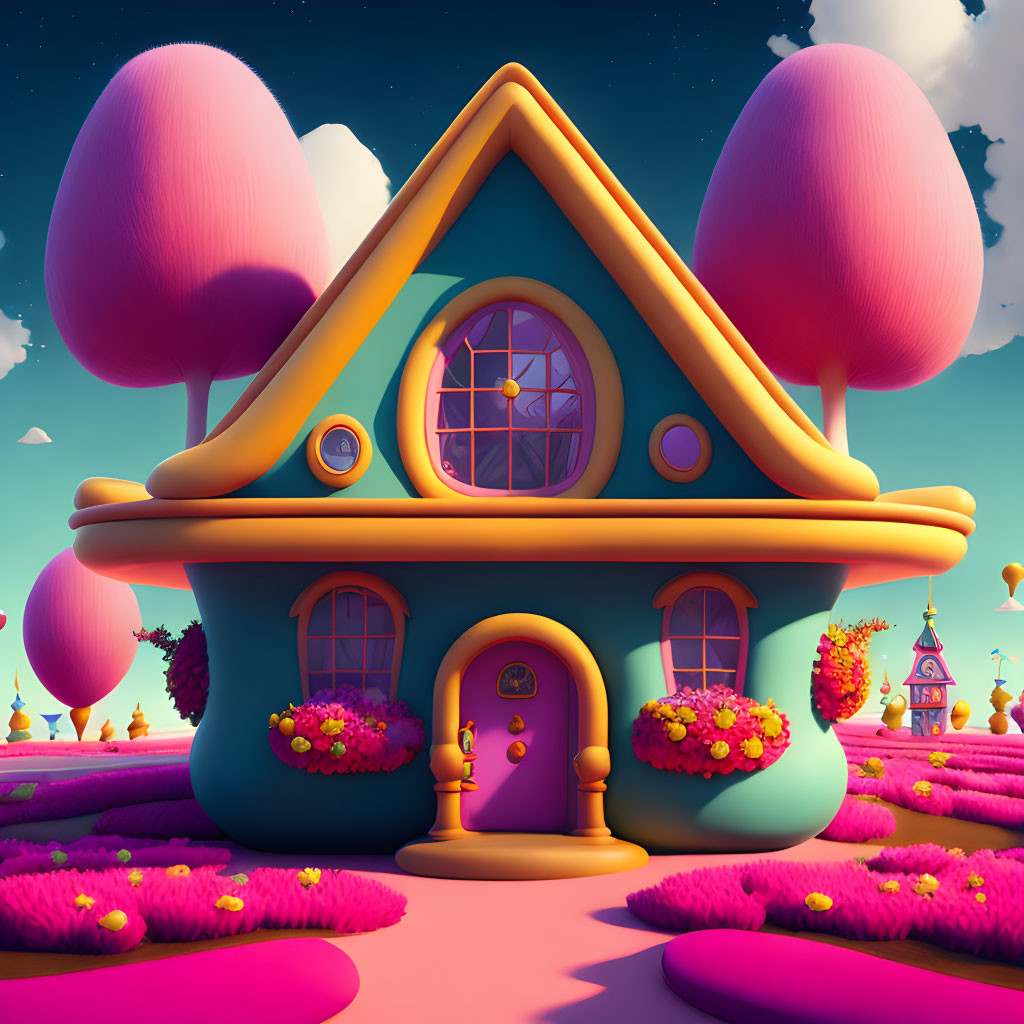 Whimsical cartoon house with pink trees and vibrant flower bushes