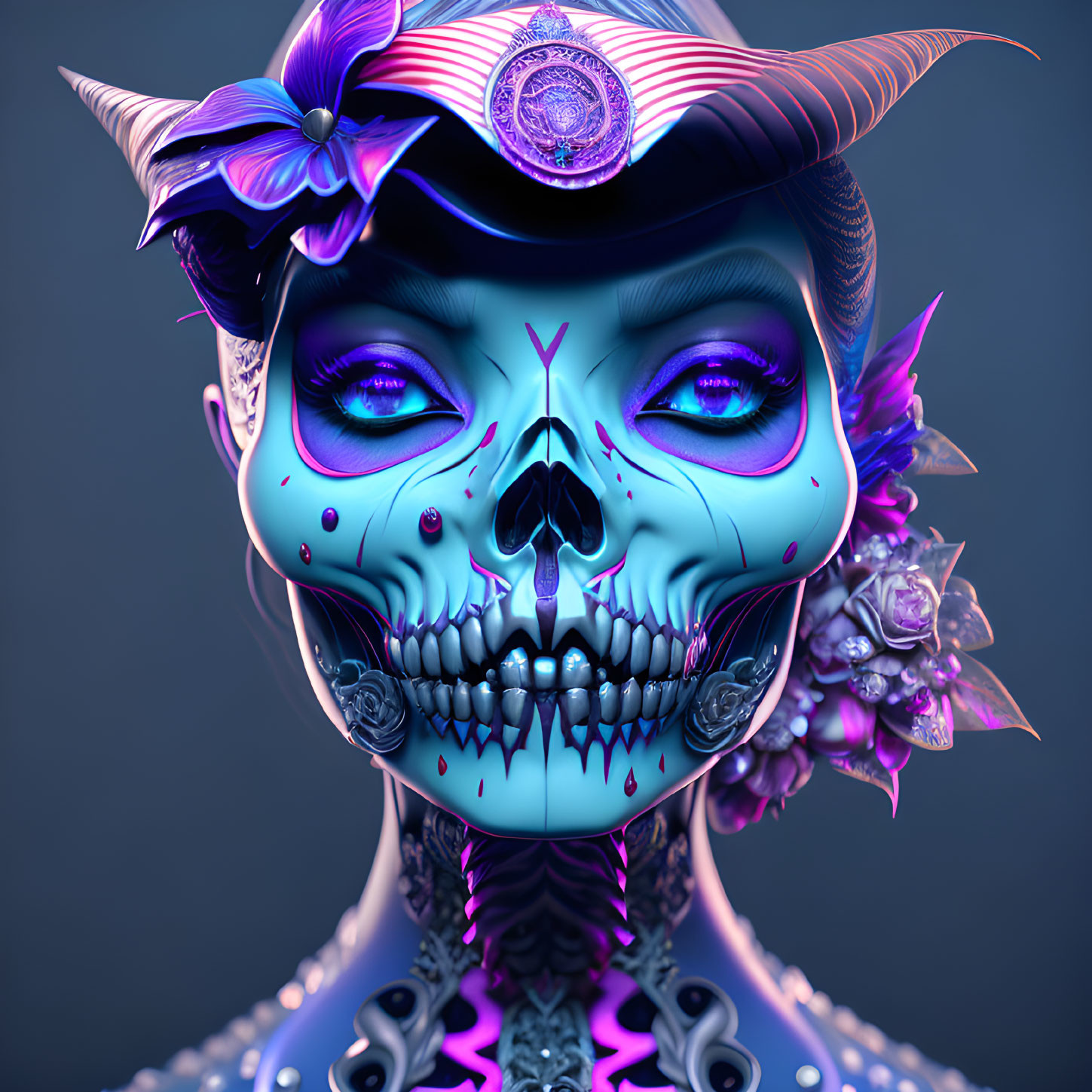 Colorful 3D illustration of female figure with skull face and floral headwear