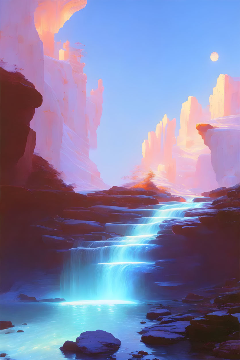 Tranquil landscape with blue waterfalls, pink cliffs, and pale moon