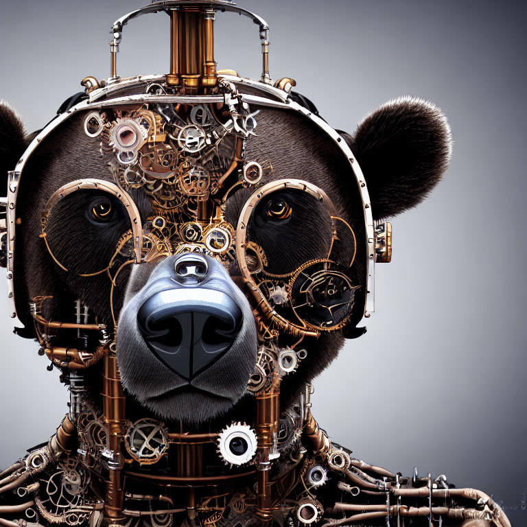 Steampunk-inspired bear with mechanical gears and copper accents