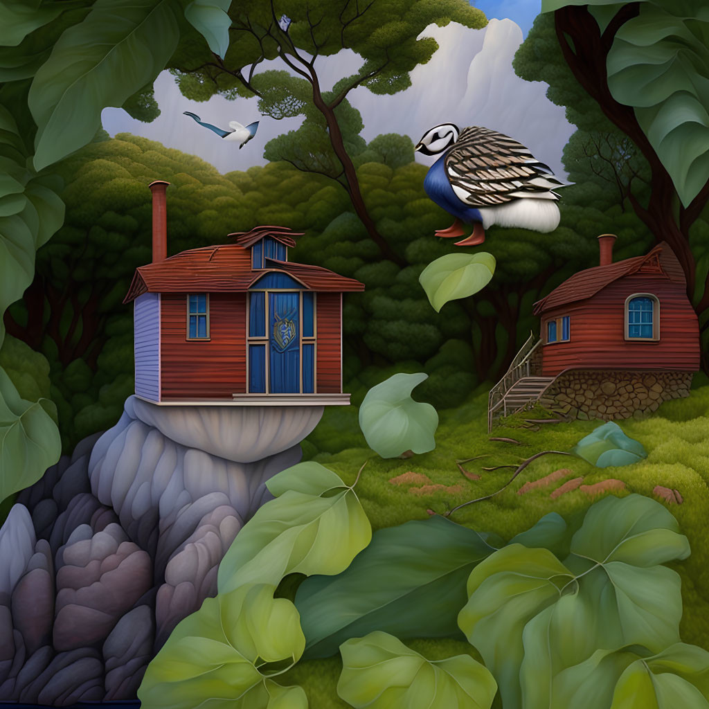 Whimsical houses on tree stumps in lush forest with bird and seagulls