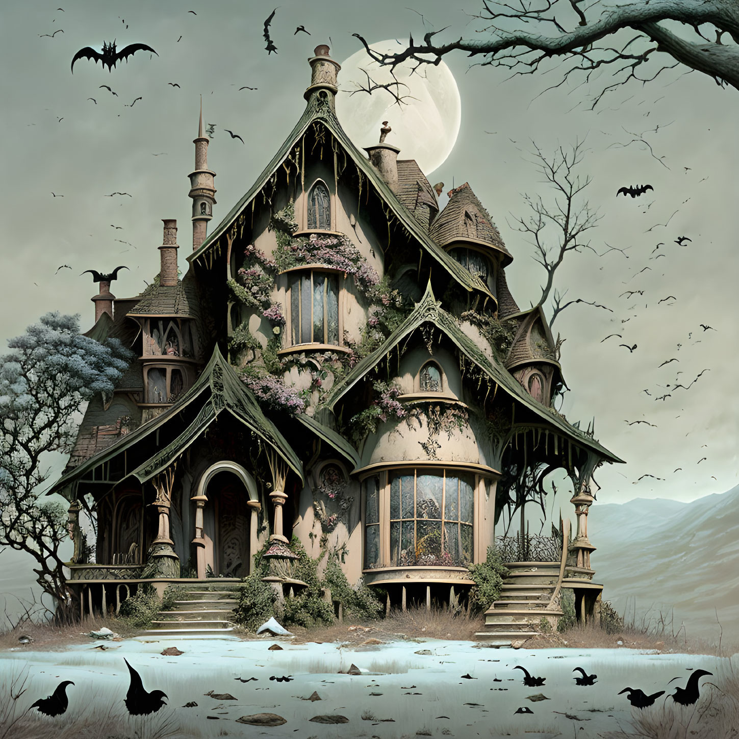 Victorian mansion under full moon with bats, ivy, and crows in gothic scene