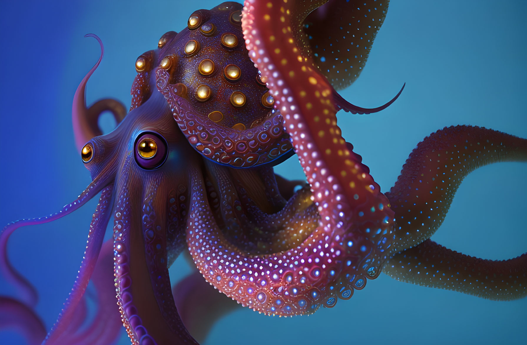 Detailed illustration of purple octopus with intricate patterns on blue background