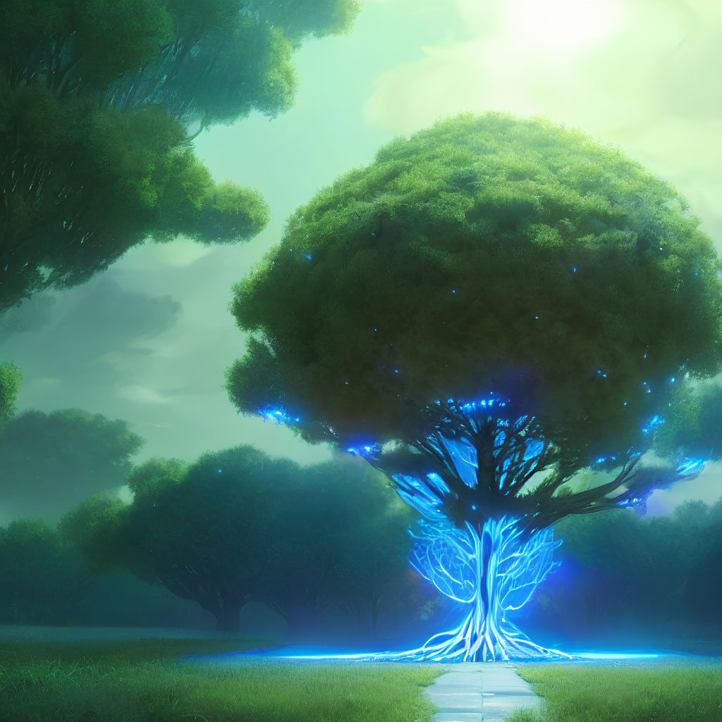 Mystical tree with blue trunk in lush forest under glowing sunlight