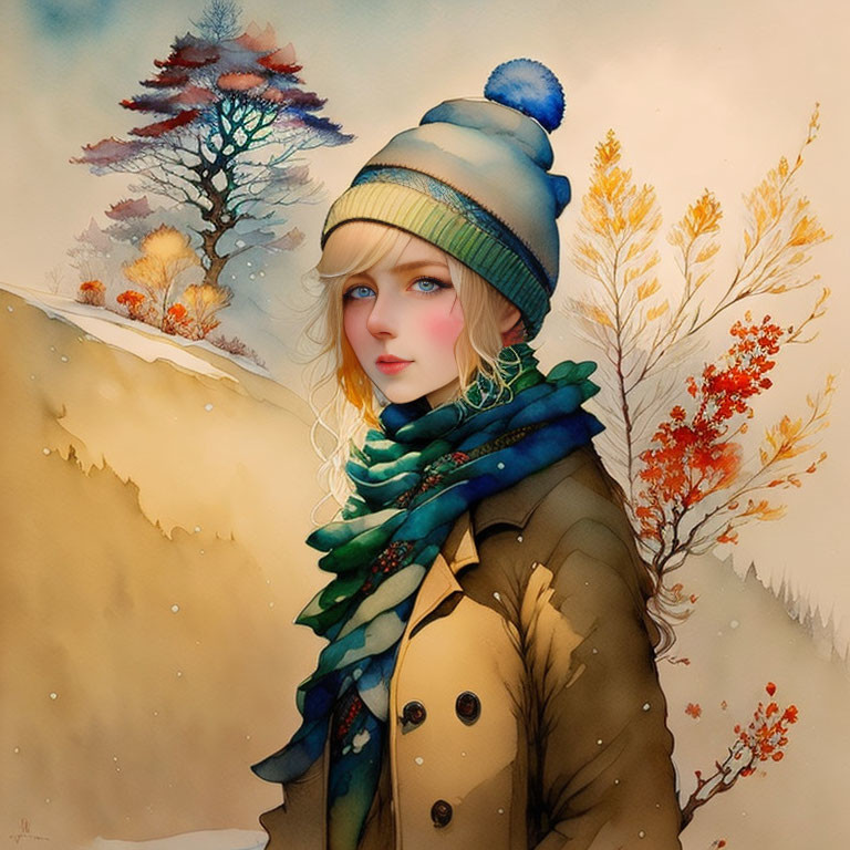 Blond Woman in Winter Attire Among Autumn Foliage