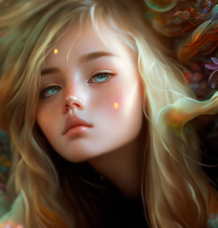 Girl with Wavy Blonde Hair and Blue Eyes Among Colorful Flora