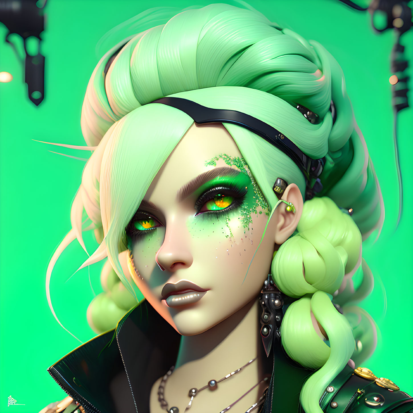 Vibrant green hair portrait of female character in black outfit