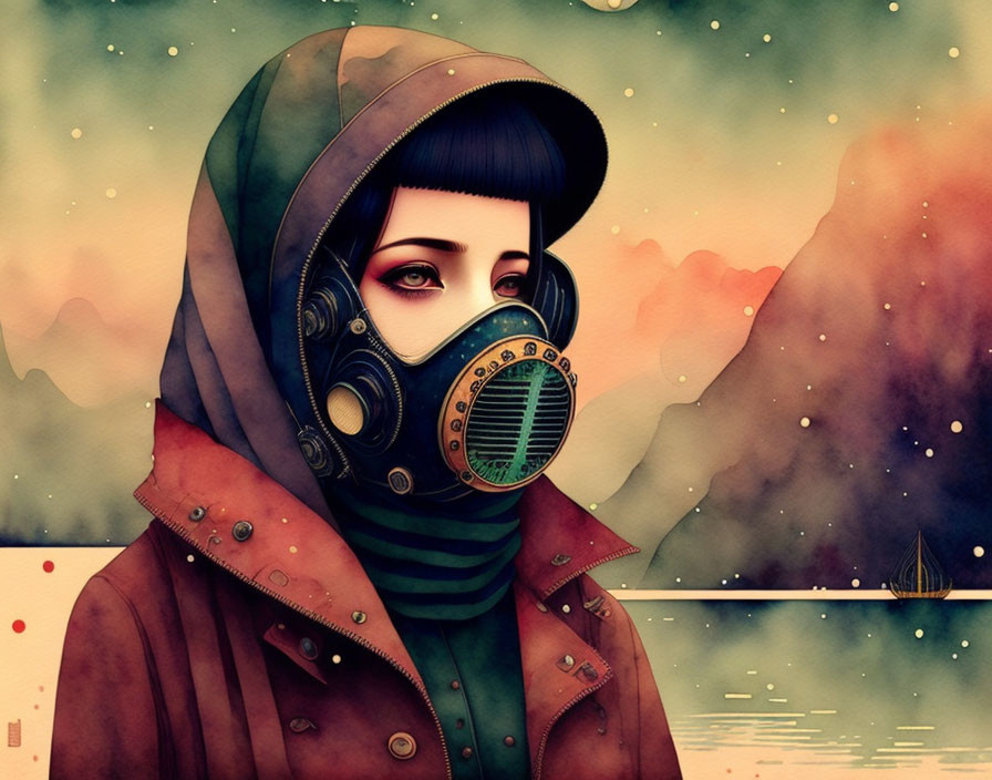 Person in Gas Mask with Hooded Jacket in Warm-colored Seascape Illustration