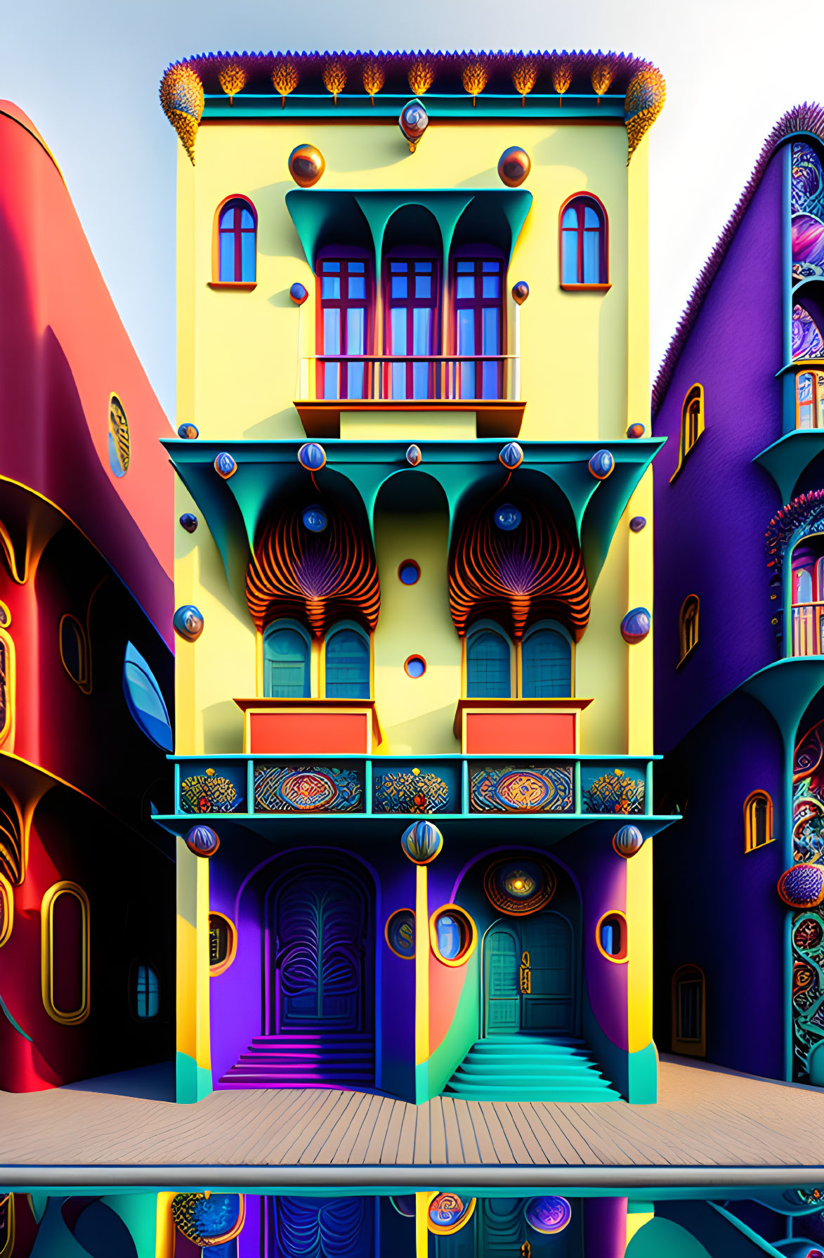 Psychedelic building with colorful patterns and ornate balconies